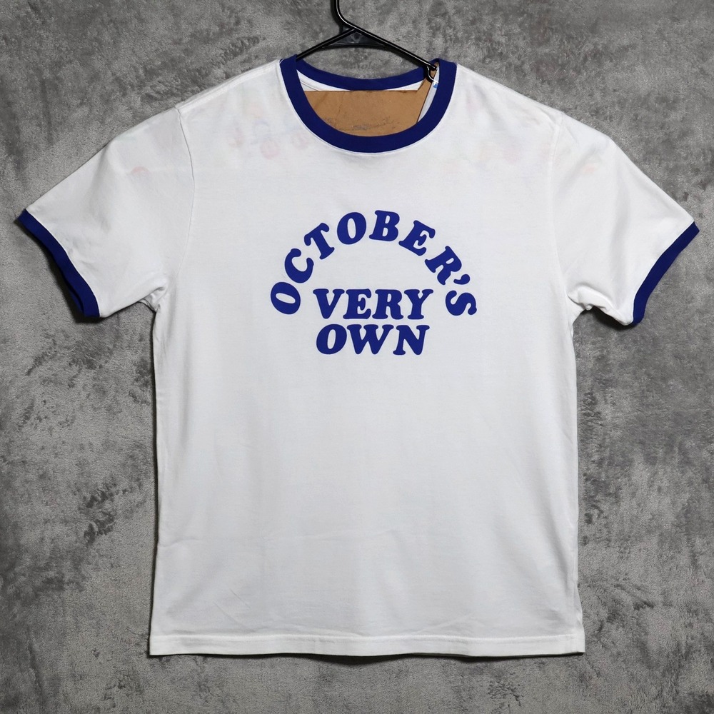 OVO Octobers Very Own T-Shirt Mens Large White Blue Ringer Crewneck Graphic Tee